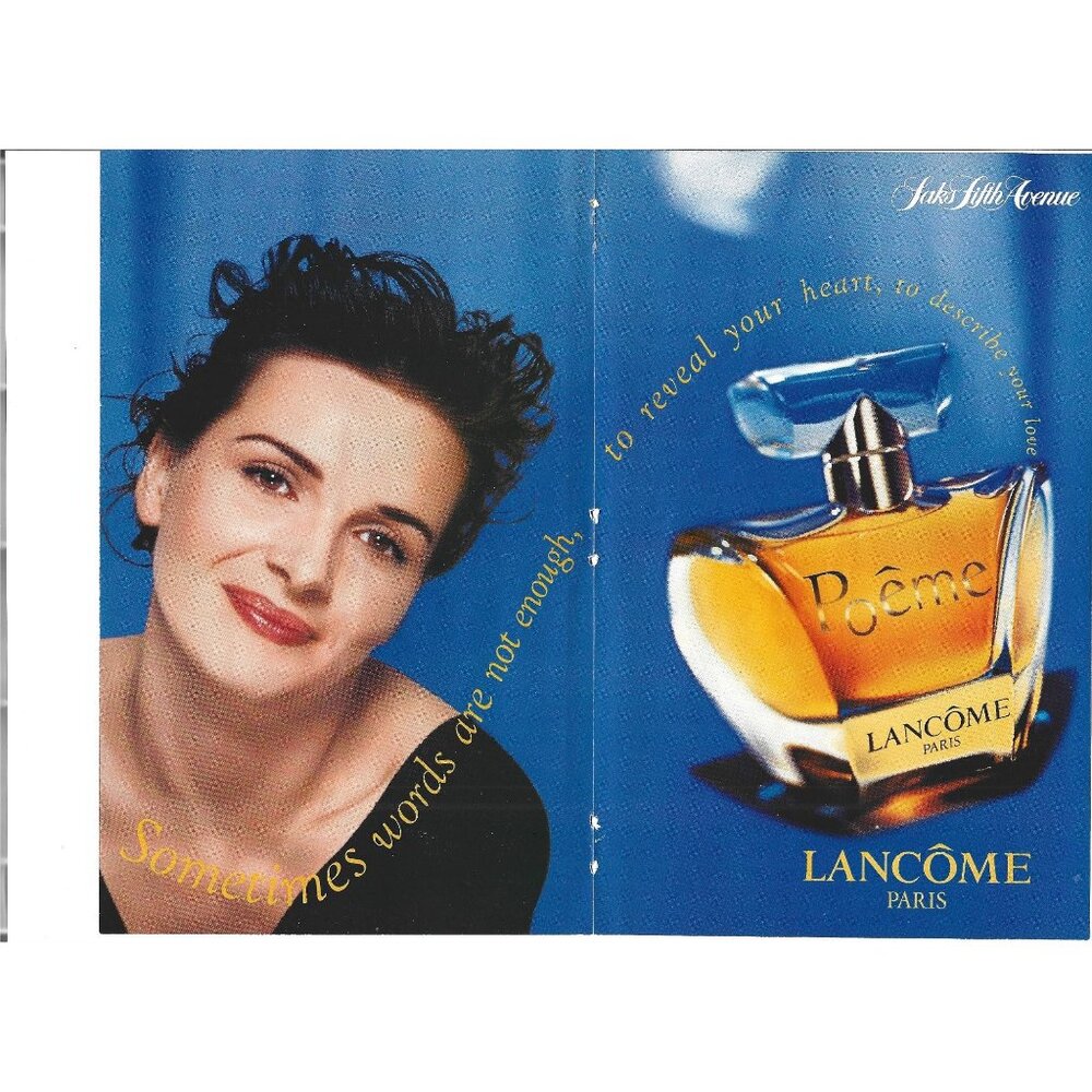Lancome Paris Poeme Fragrance Juliette Binoche 1990s Vintage Print Ad 2 PAGE